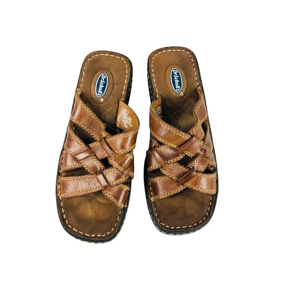 3326 Dr Scholls Weaved Leather Sandals Women 7 Brown Y2K Grunge Normcore Vintage - Picture 1 of 6